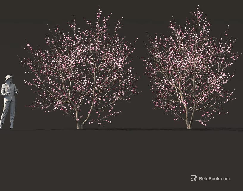 Pink Flowering Bushes with a Person Wearing a Hat Standing Nearby 3d model 