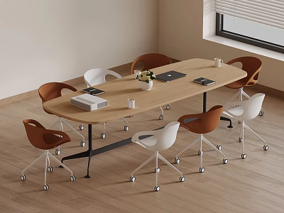 Contemporary Conference Room With Oval Wooden Table Brown White Rolling Chairs Laptop And Vase 3d model