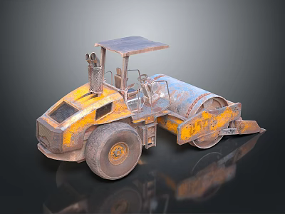 Yellow And Blue Worn Road Roller With Cab Drum And Wheels Construction Vehicle 3d model
