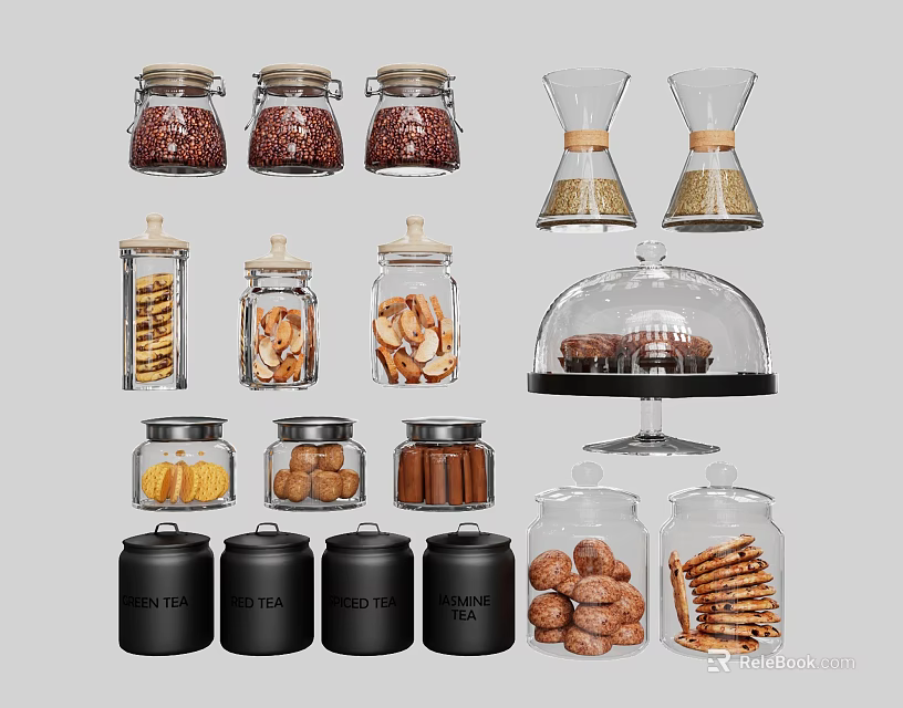 Glass Spice Jars And Storage Containers For Kitchen With Wooden Lids And Various Spices 3d model 