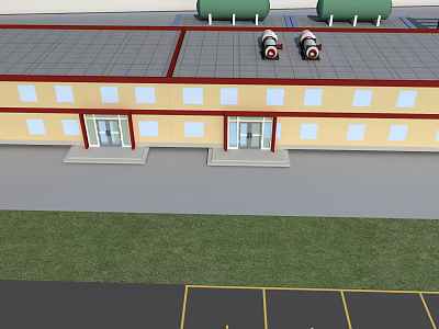 Industrial Factory Building Exterior With Yellow Walls Red Borders Gray Roof Ventilators And Entrance Doors 3d model