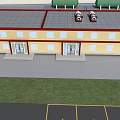 Industrial Factory Building Exterior With Yellow Walls Red Borders Gray Roof Ventilators And Entrance Doors