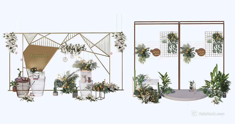 Wedding Decor Setup With Geometric Frame Fresh Greenery And Floral Arrangements 3d model