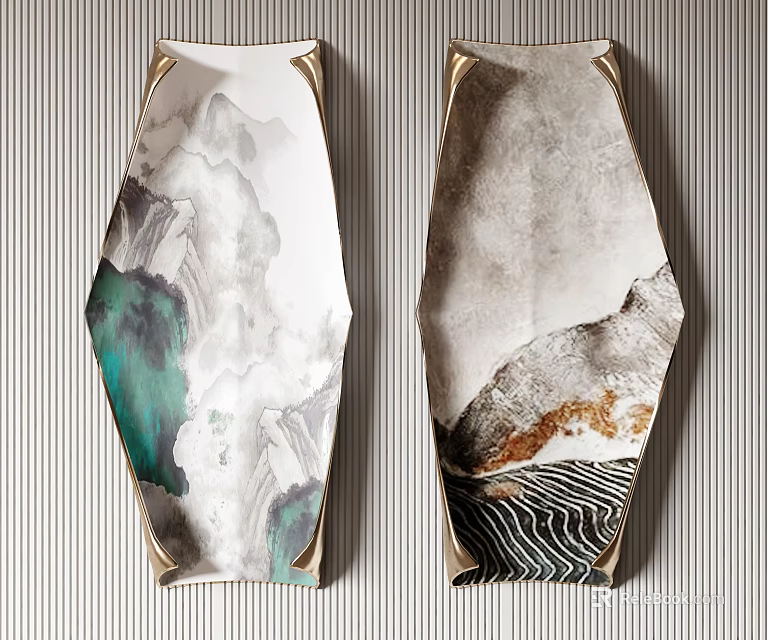 Artistic Modern Wall Decor With Irregular Shape Landscape Pattern Green Gray Gold 3d model 