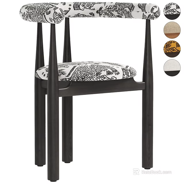 Modern Minimalist Single Chair With Dark Wooden Frame And Black White Patterned Cushion 3d model 