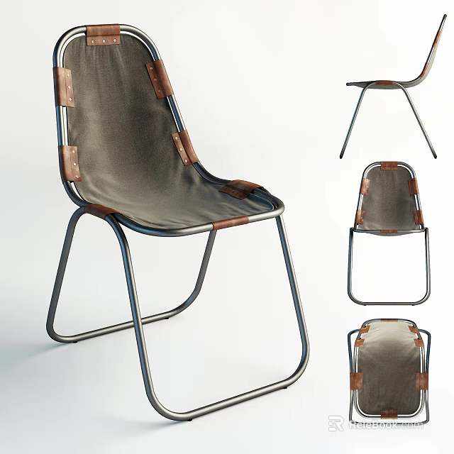 Modern Leisure Chair With Fabric Seat Metal Frame And Leather Straps For Indoor Outdoor Use 3d model 