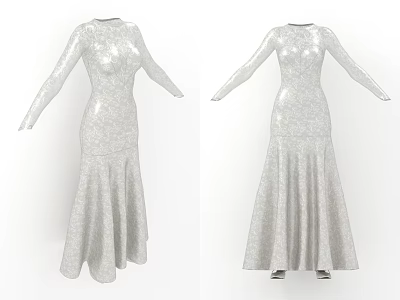Elegant Silver Sequin Long Dress with Long Sleeves and Mermaid Hem Design 3d model