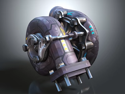 Futuristic Mechanical Device Featuring Large Wheel Structure Blue Glowing Elements And Yellow Stripes 3d model