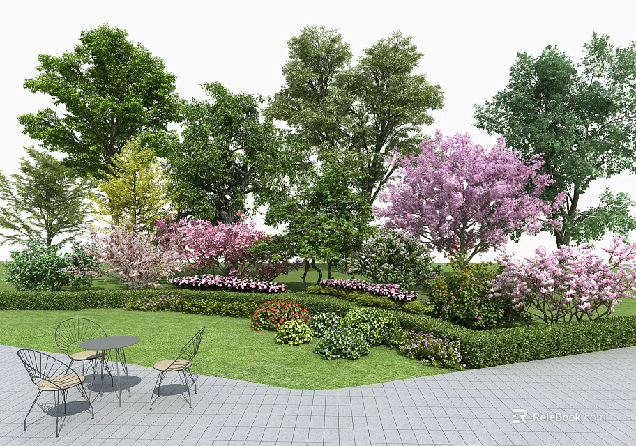 Vibrant Garden with Purple Flowering Trees Green Plants Lawn and Outdoor Seating 3d model 