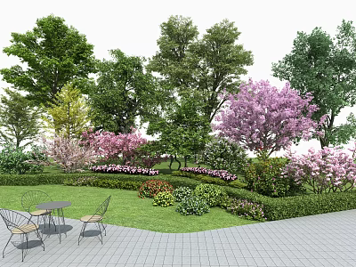 Vibrant Garden with Purple Flowering Trees Green Plants Lawn and Outdoor Seating 3d model