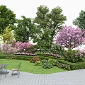 Vibrant Garden with Purple Flowering Trees Green Plants Lawn and Outdoor Seating