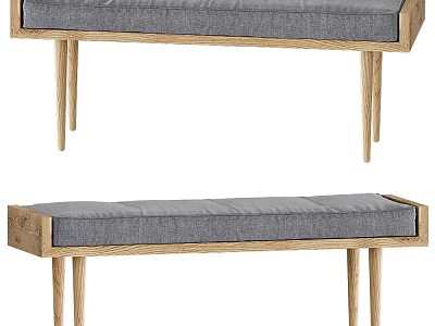 Minimalist Modern Wooden Bench With Gray Cushion And Solid Legs For Home Interior 3d model