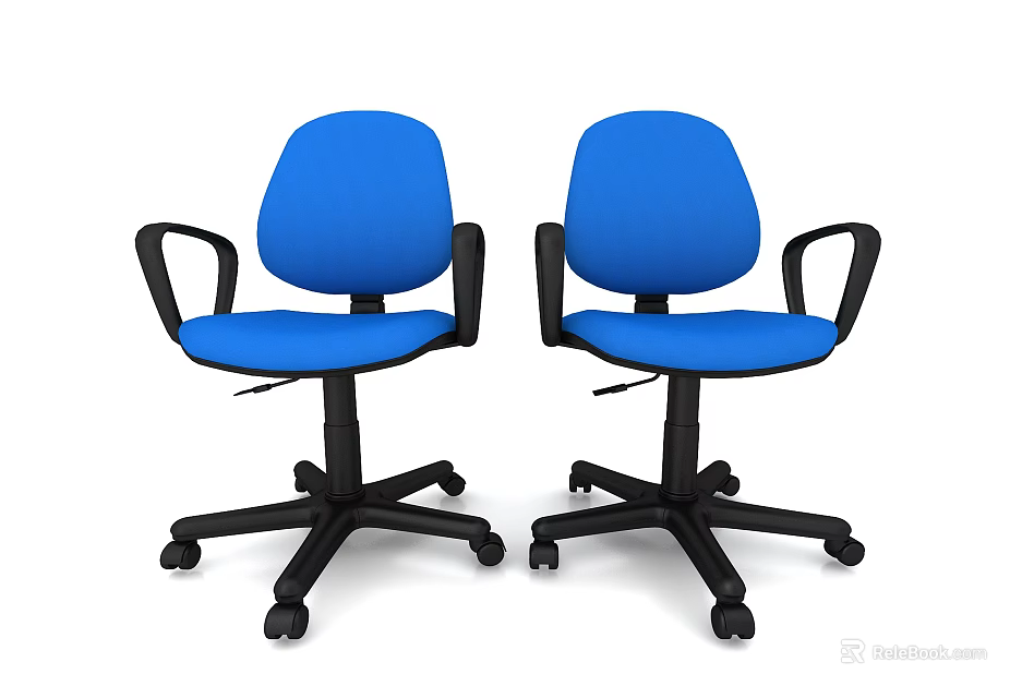 Two Blue Fabric Office Chairs With Black Armrests And Swivel Casters 3d model 