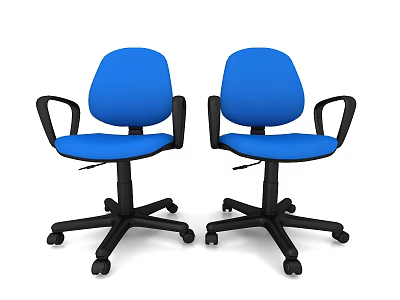 Two Blue Fabric Office Chairs With Black Armrests And Swivel Casters 3d model