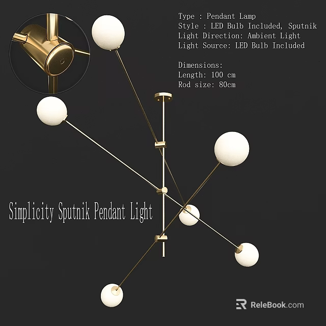 Simplicity Sputnik Pendant Light With Golden Rod And White Globe LED Bulbs 3d model 