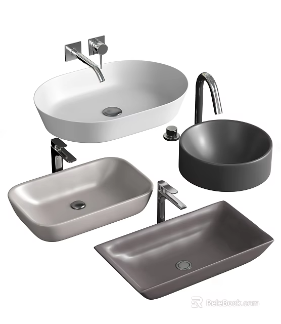 Different Modern Washbasin Designs With Various Shapes Colors And Faucets 3d model
