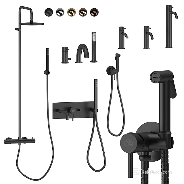 Black Modern Bathroom Faucet Set Including Shower Head And Accessories 3d model 