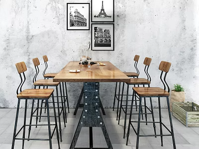 Rustic Wooden Dining Table Set With Metal Frame High Chairs And Gray Wall Art 3d model