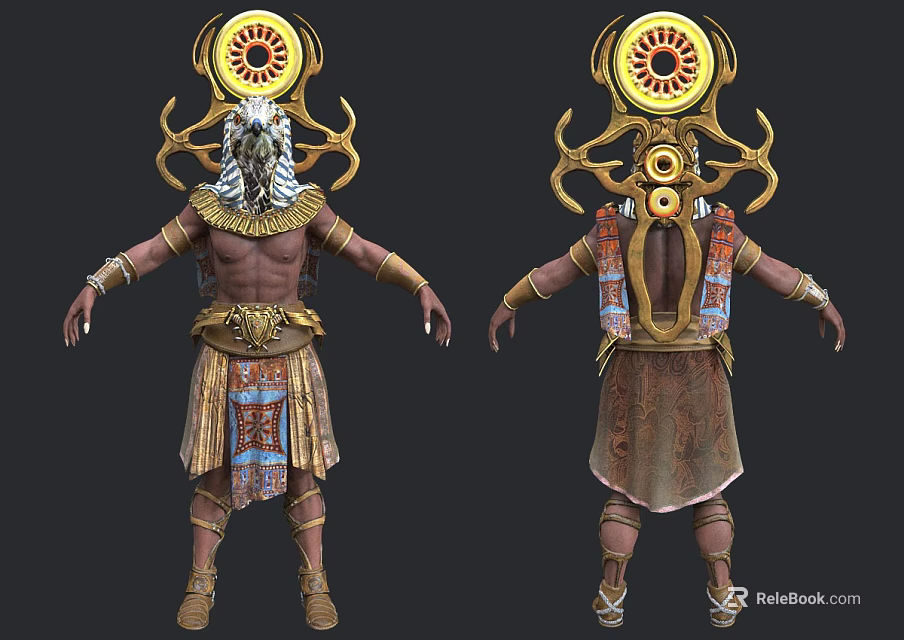 Game and Movie Character Design With Golden Horned Ornament White Hair Colorful Skirt Front Back Views 3d model 