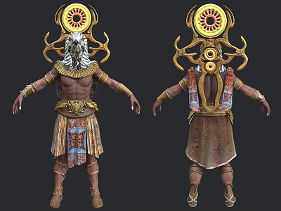 Game and Movie Character Design With Golden Horned Ornament White Hair Colorful Skirt Front Back Views 3d model