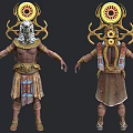 Game and Movie Character Design With Golden Horned Ornament White Hair Colorful Skirt Front Back Views