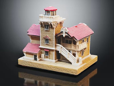 Detailed Architectural Model House With Red Roof Tower Stone Exterior Staircase And Balcony 3d model