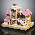 Detailed Architectural Model House With Red Roof Tower Stone Exterior Staircase And Balcony