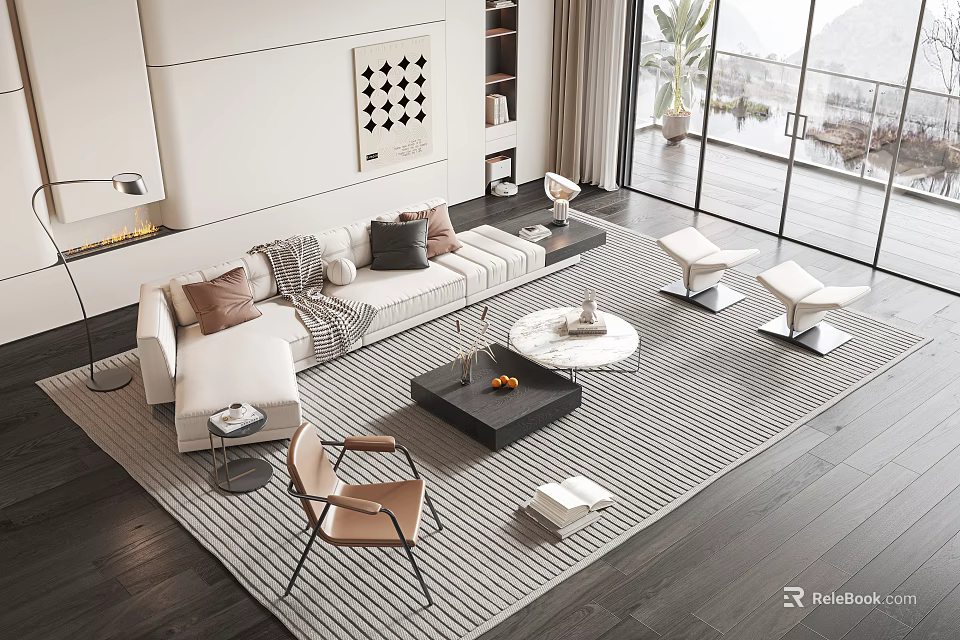 Modern Living Room Interior Sofa Coffee Table Set With Throw Pillows And Area Rug 3d model 