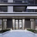 Modern Building Entrance Gate With Metal Grilles Green Plants And Stone Pavement
