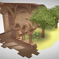 Cartoon Style Arched Stone Corridor With Columns Stone Floor Green Plants And Small Decorations