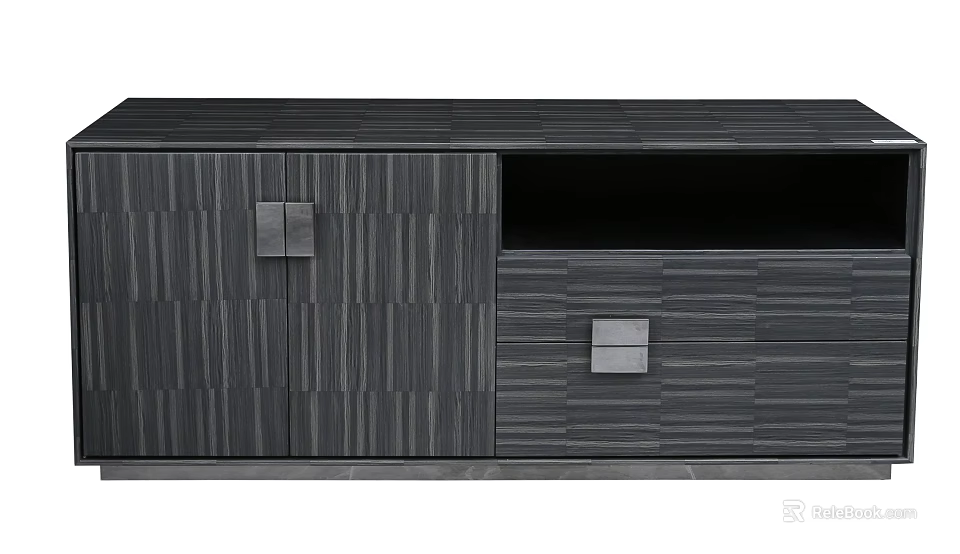 Modern Dark Wooden Sideboard With Striped Pattern Drawer And Cabinet Storage Design 3d model 