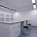 Modern Laboratory Interior With White Lab Benches Cabinets Pendant Lights Blue Flooring And Computer Chairs
