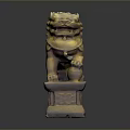 Traditional Chinese Lion Sculpture With Ornate Base And Golden Color Details