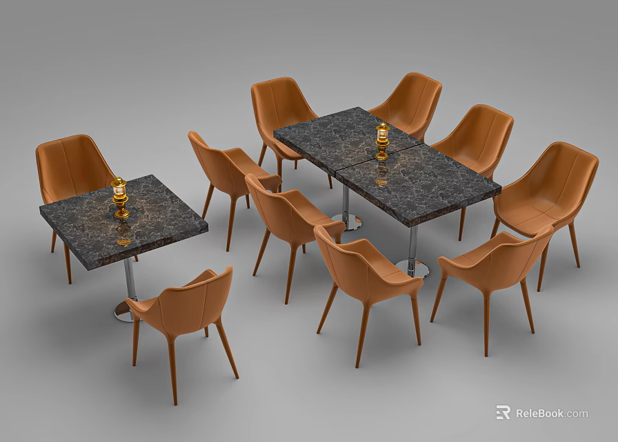 Modern Rectangular Dining Table Set With Dark Granite Top And Orange Chairs 3d model 