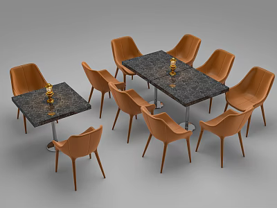 Modern Rectangular Dining Table Set With Dark Granite Top And Orange Chairs 3d model