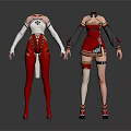 Two Different Character Costume Styles With White Top Red Pants And Red Dress Details
