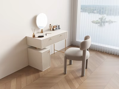 Modern White Dressing Table With Round Mirror Drawers And Beige Chair Window View Wooden Floor 3d model