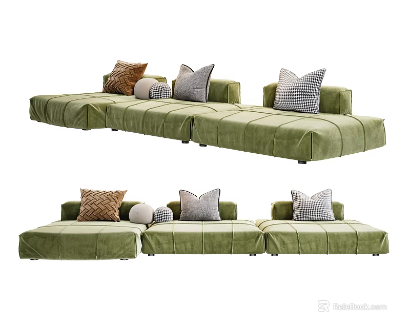 Modern Green Velvet Sectional Sofa With Mixed Pattern Pillows And Modular Design 3d model 