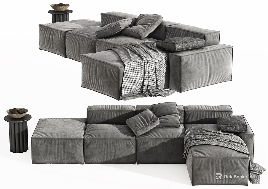Modern Velvet Sectional Sofa With Modular Design Pillows Blanket And Side Table 3d model 