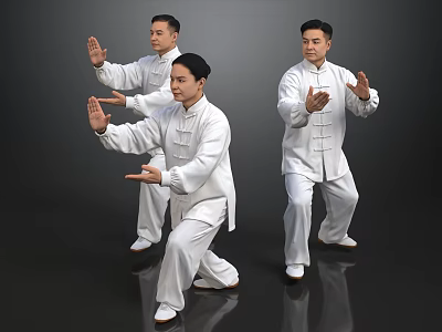 Group of People Practicing Tai Chi in White Uniforms with Traditional Movements 3d model