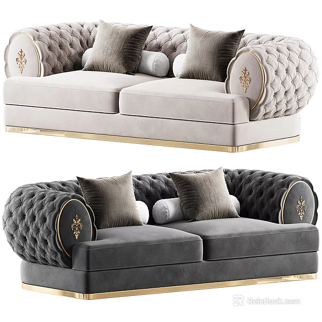 Elegant Gray Velvet Loveseat With Gold Frame Tufted Details And Decorative Pillows 3d model 