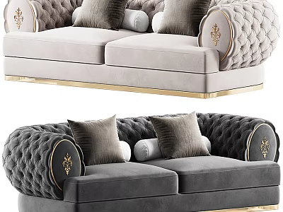 Elegant Gray Velvet Loveseat With Gold Frame Tufted Details And Decorative Pillows 3d model