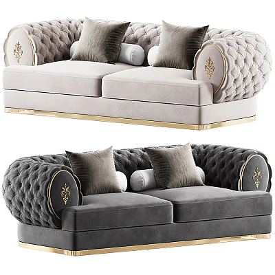 Elegant Gray Velvet Loveseat With Gold Frame Tufted Details And Decorative Pillows 3d model
