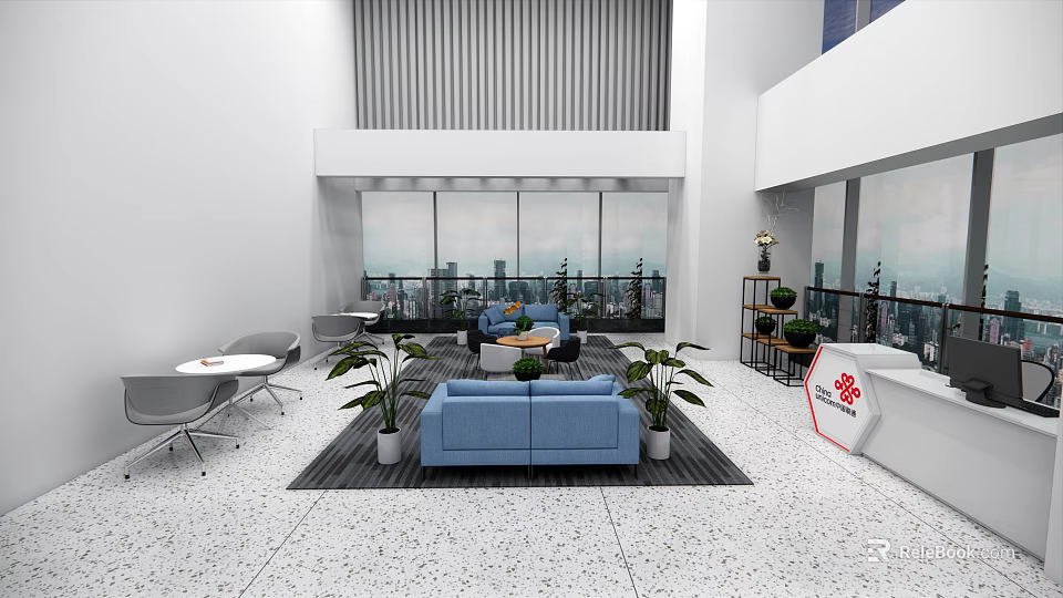 Modern Lounge Area Interior With Blue Sofas Plants Large Windows And City View 3d model
