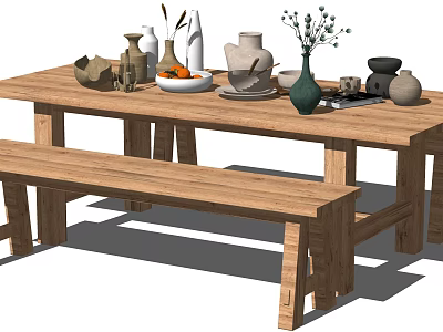 Wooden Dining Table Set With Bench And Decorative Vases Bowls Greenery Plants 3d model