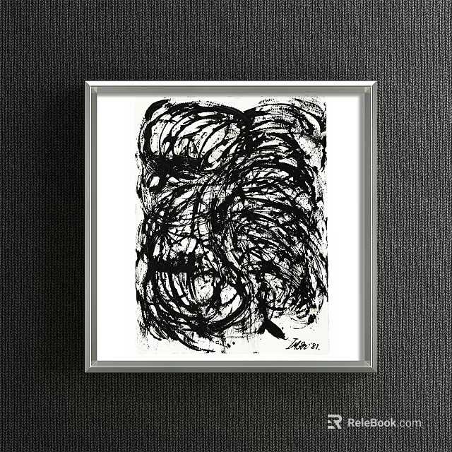 Abstract Painting With Dynamic Black Lines In White Frame On Dark Wall 3d model 
