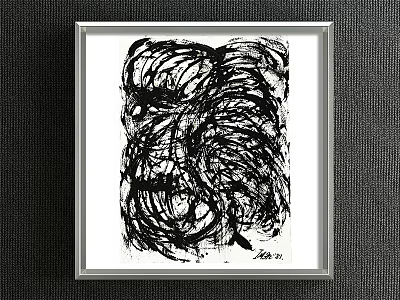 Abstract Painting With Dynamic Black Lines In White Frame On Dark Wall 3d model