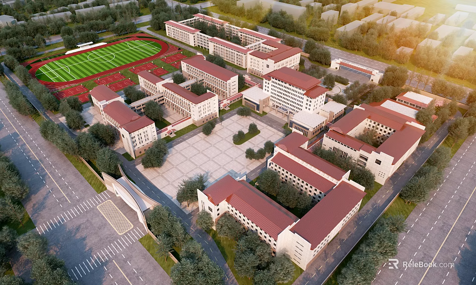 Campus School Buildings With Red Roofs Square Trees And Football Field 3d model 