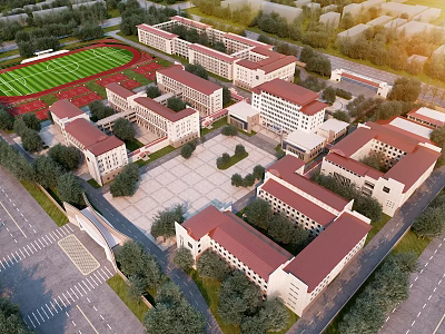 Campus School Buildings With Red Roofs Square Trees And Football Field 3d model