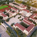 Campus School Buildings With Red Roofs Square Trees And Football Field